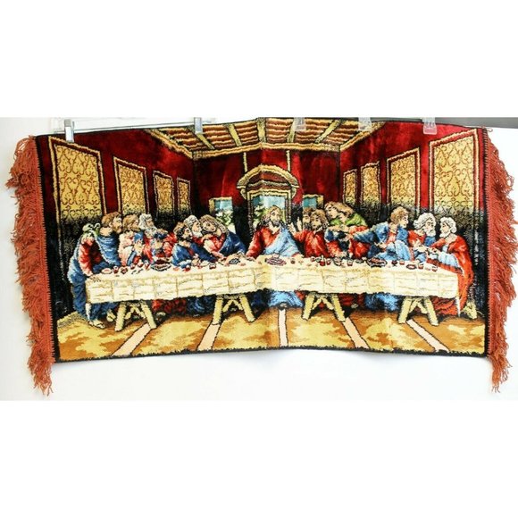 Vtg 70s P&C Last Supper Velvet Tapestry Wall Hanging 39x19 Red Fringe Religious - Picture 1 of 8